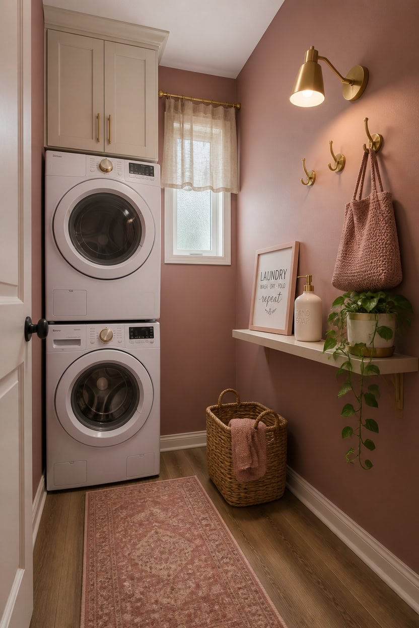 Laundry room with stacked washer and dryer, pink walls, and decorative accents.