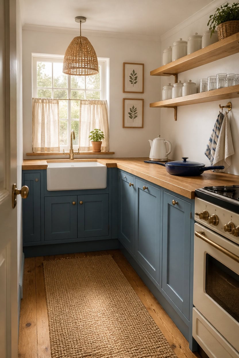 Bright kitchen featuring blue cabinetry, open wooden shelves, and a large window with curtains. Perf.