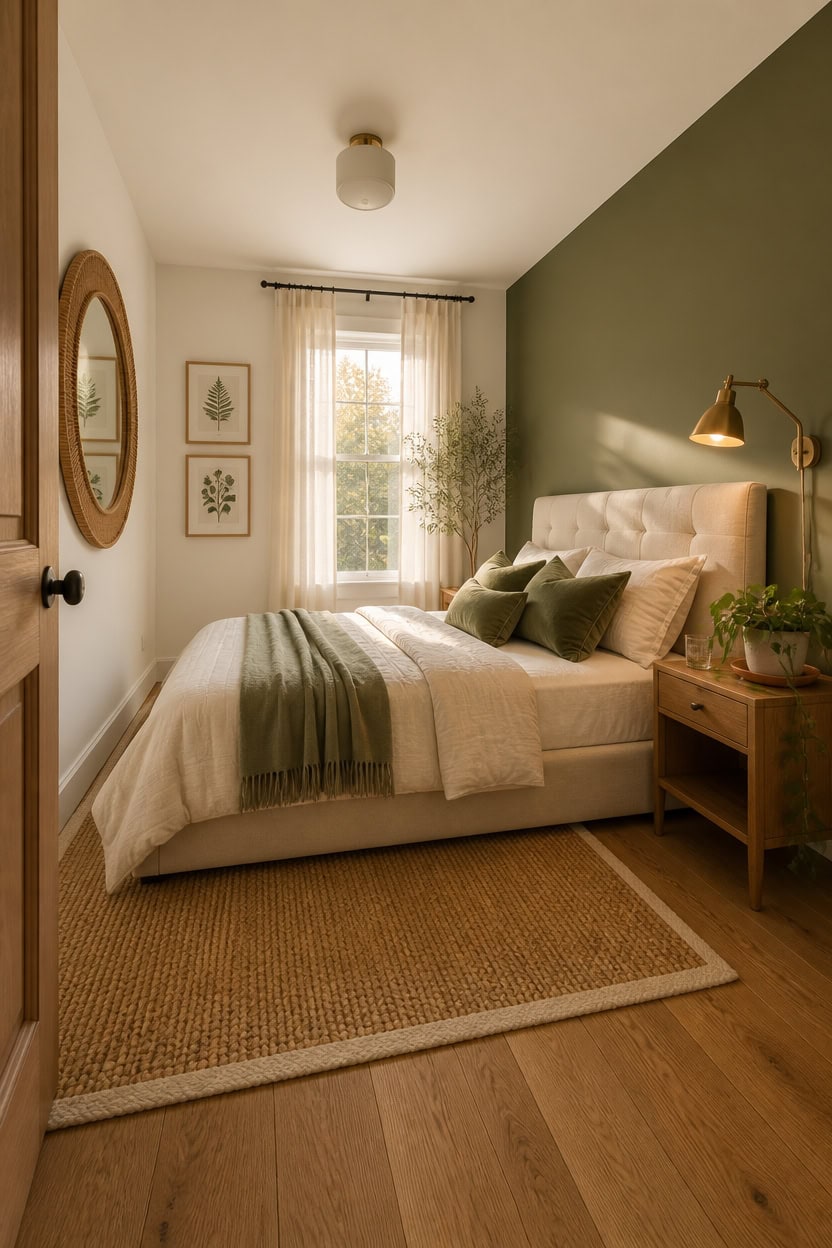 Bright bedroom with green accent wall, beige bedding, and natural light from window.