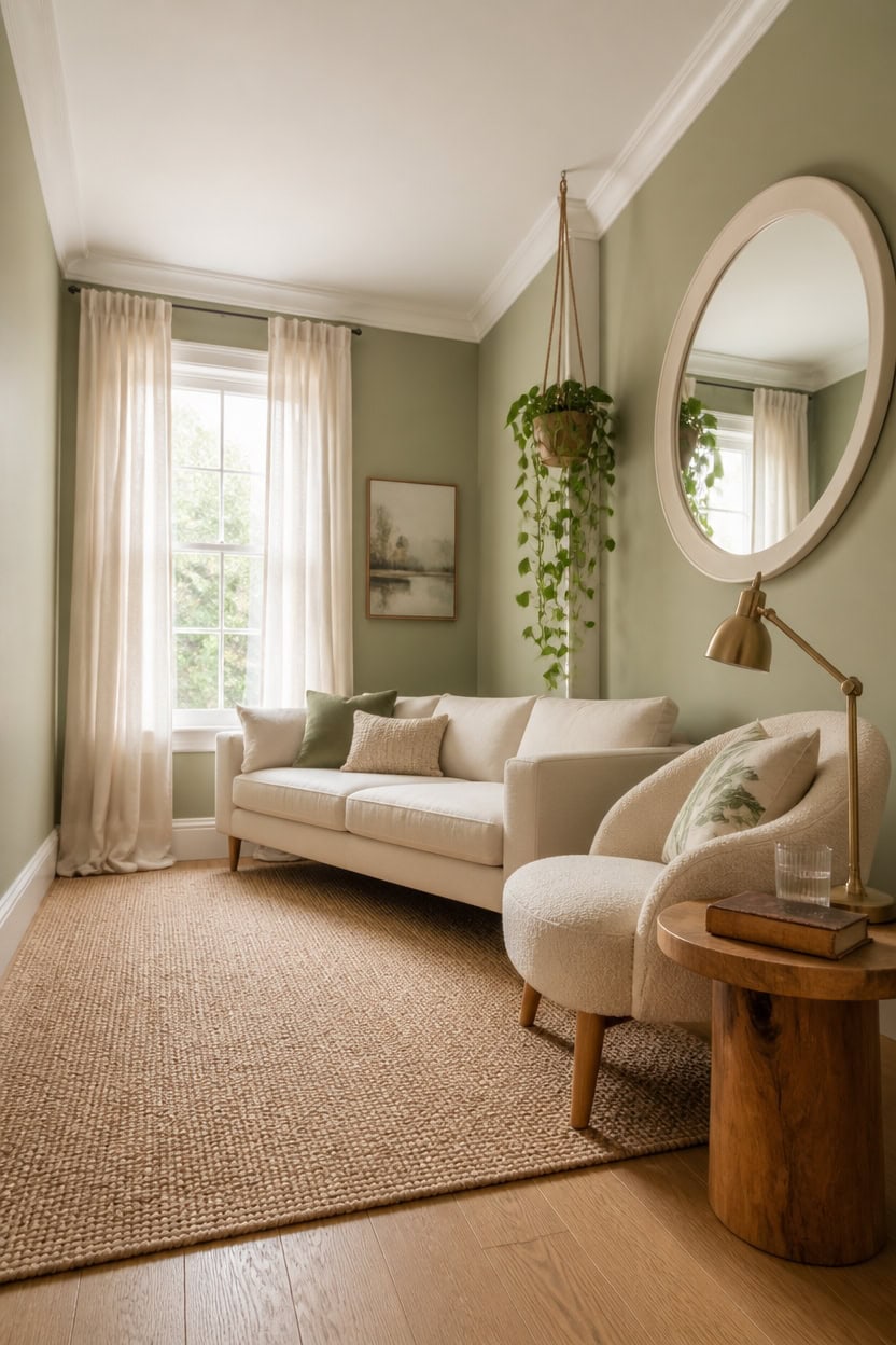 Bright living room with large window, soft neutral tones, and elegant decor for a comfortable apartm.