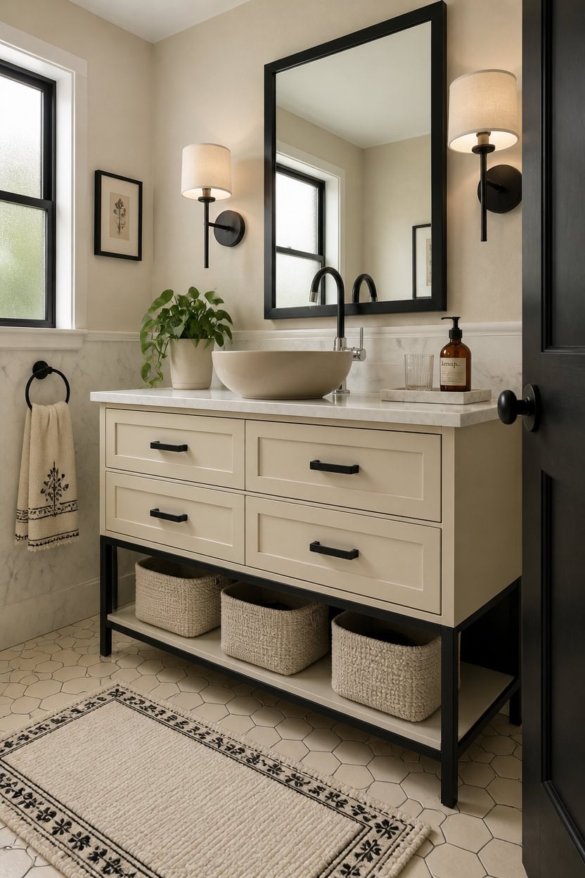 Bathroom vanity with vessel sink, large mirror, and stylish lighting fixtures.