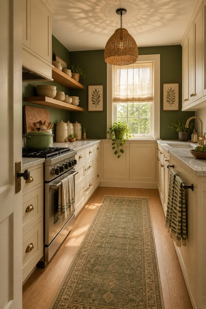 Bright vintage kitchen with white cabinetry, open wooden shelves, and a large window letting in natu.