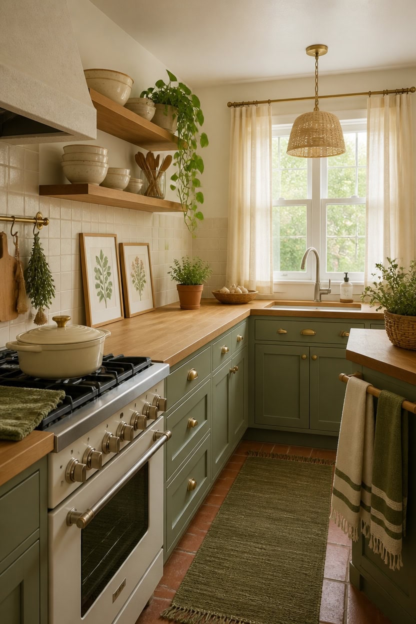 Bright kitchen with green cabinets, wooden countertops, and ample natural light from a large window.