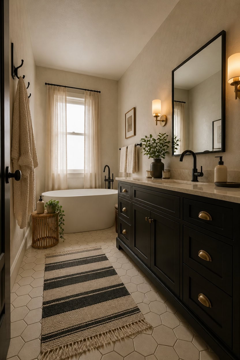 Modern bathroom with bathtub, vanity, and natural light in a stylish apartment.