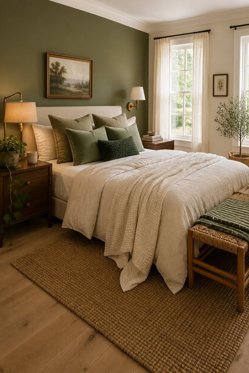 Bright bedroom with large windows, green walls, and comfortable bedding. Decor includes framed artwo.