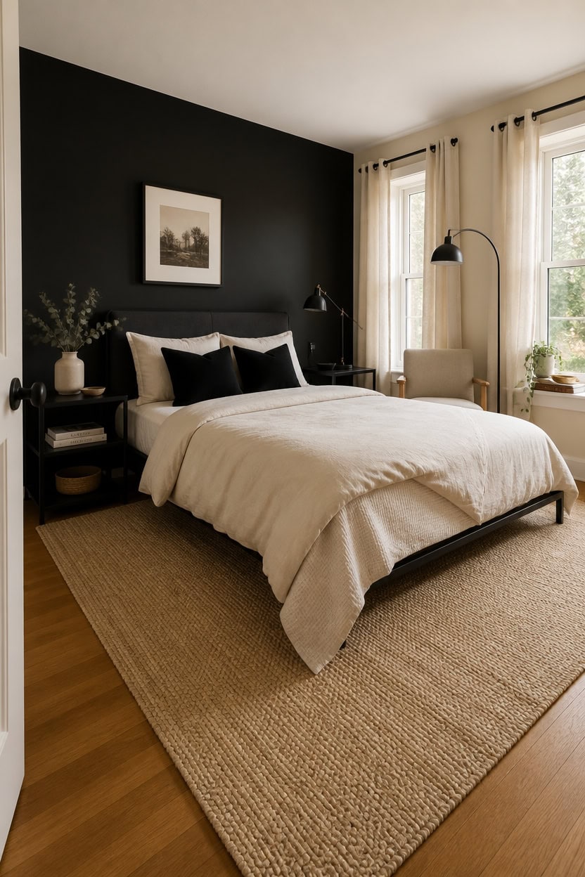 Cozy bedroom featuring a black accent wall, large windows with curtains, and a comfortable bed with.