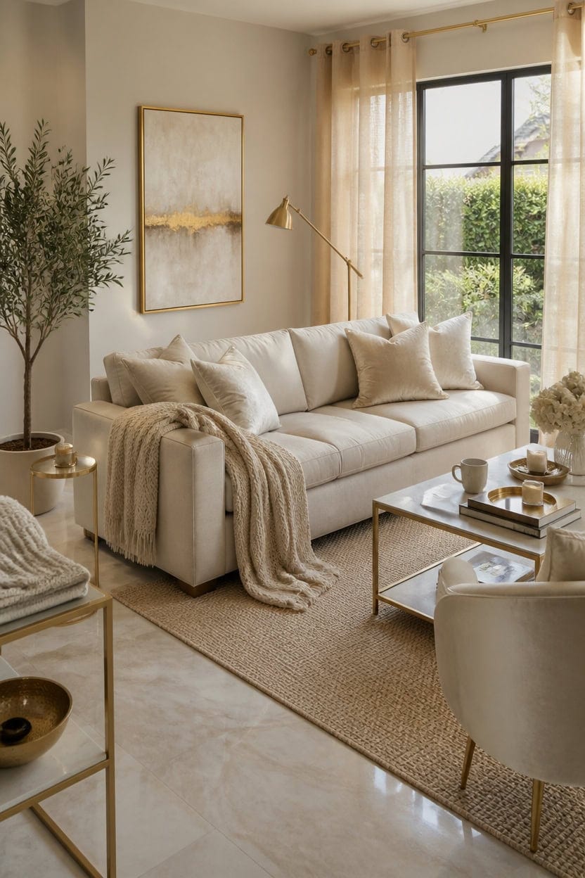 cream linen sofa centerpiece