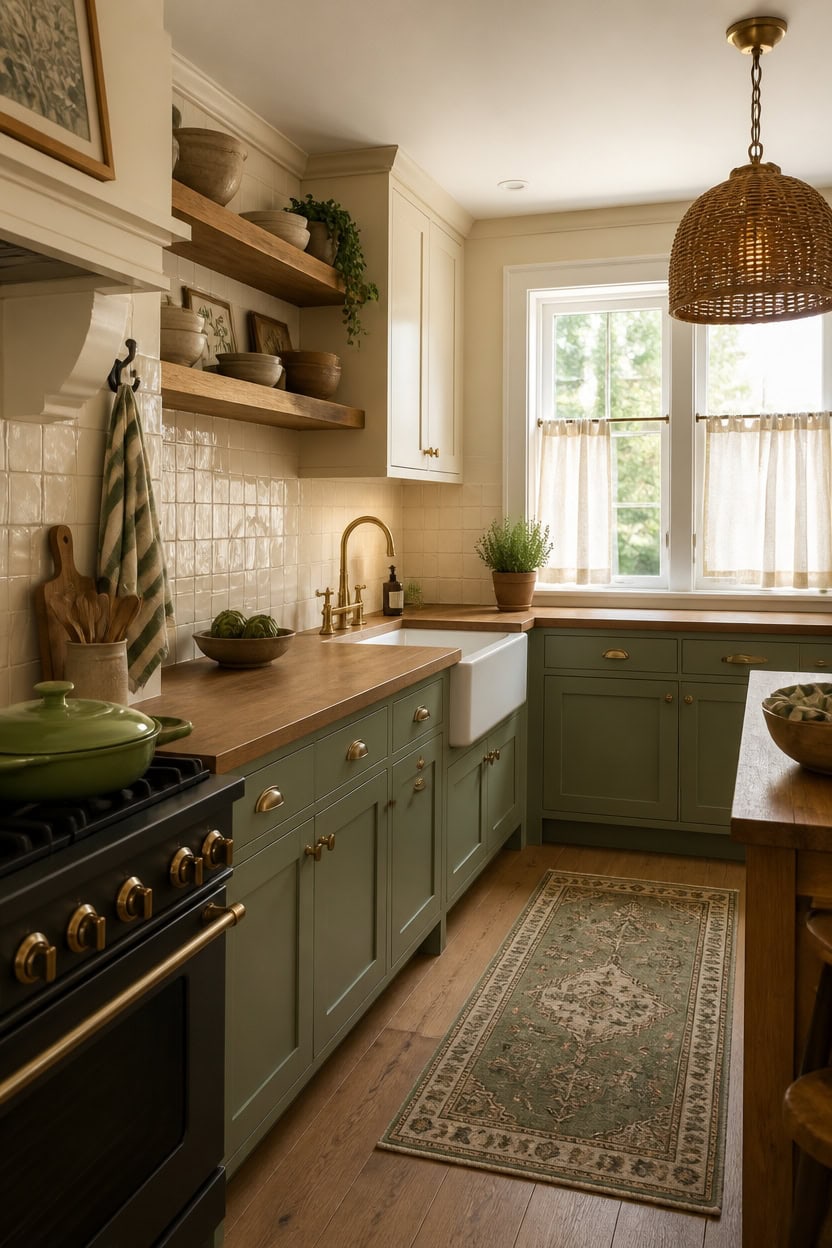 Bright vintage kitchen with green cabinets and open shelving.