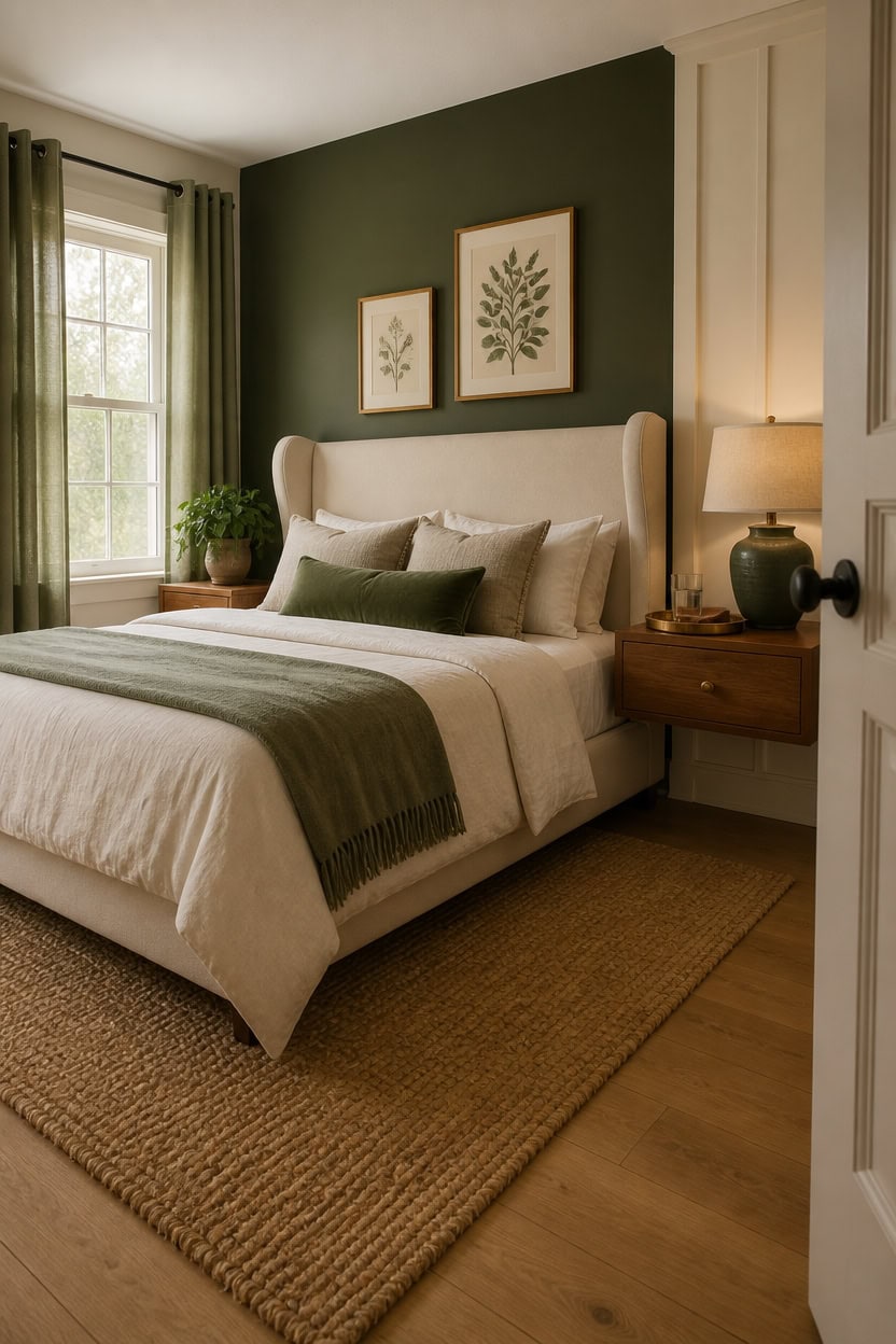 Bright bedroom with green curtains and wall art, featuring a comfortable bed with neutral and green.