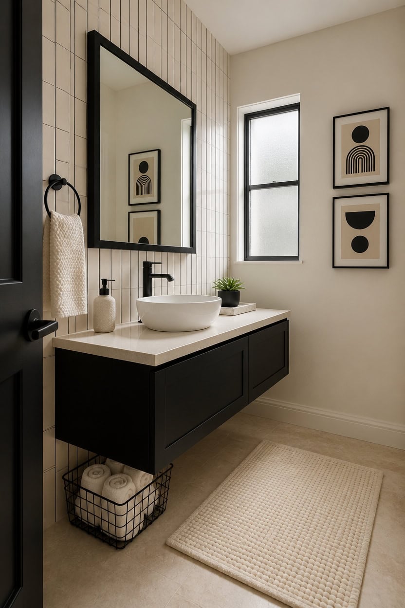 Stylish bathroom with black vanity, round vessel sink, and minimalist decor.