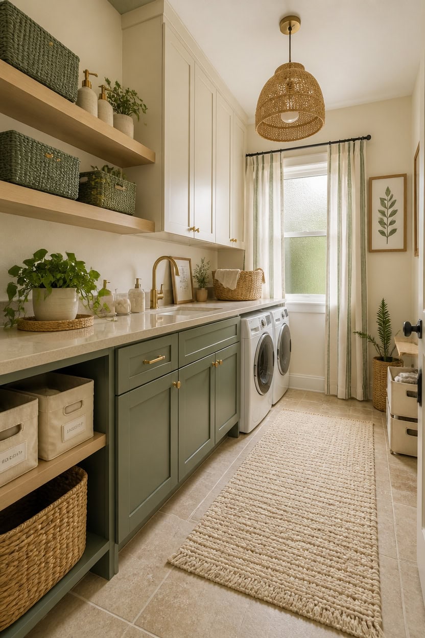 Bright laundry room with washer and dryer, white cabinetry, open shelves, and decorative plants. Per.