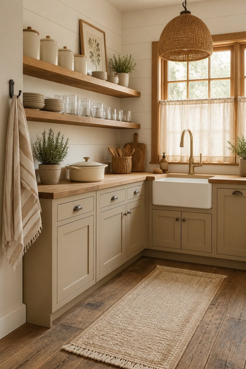 Warm farmhouse kitchen with open wooden shelves, white cabinetry, and a large window.