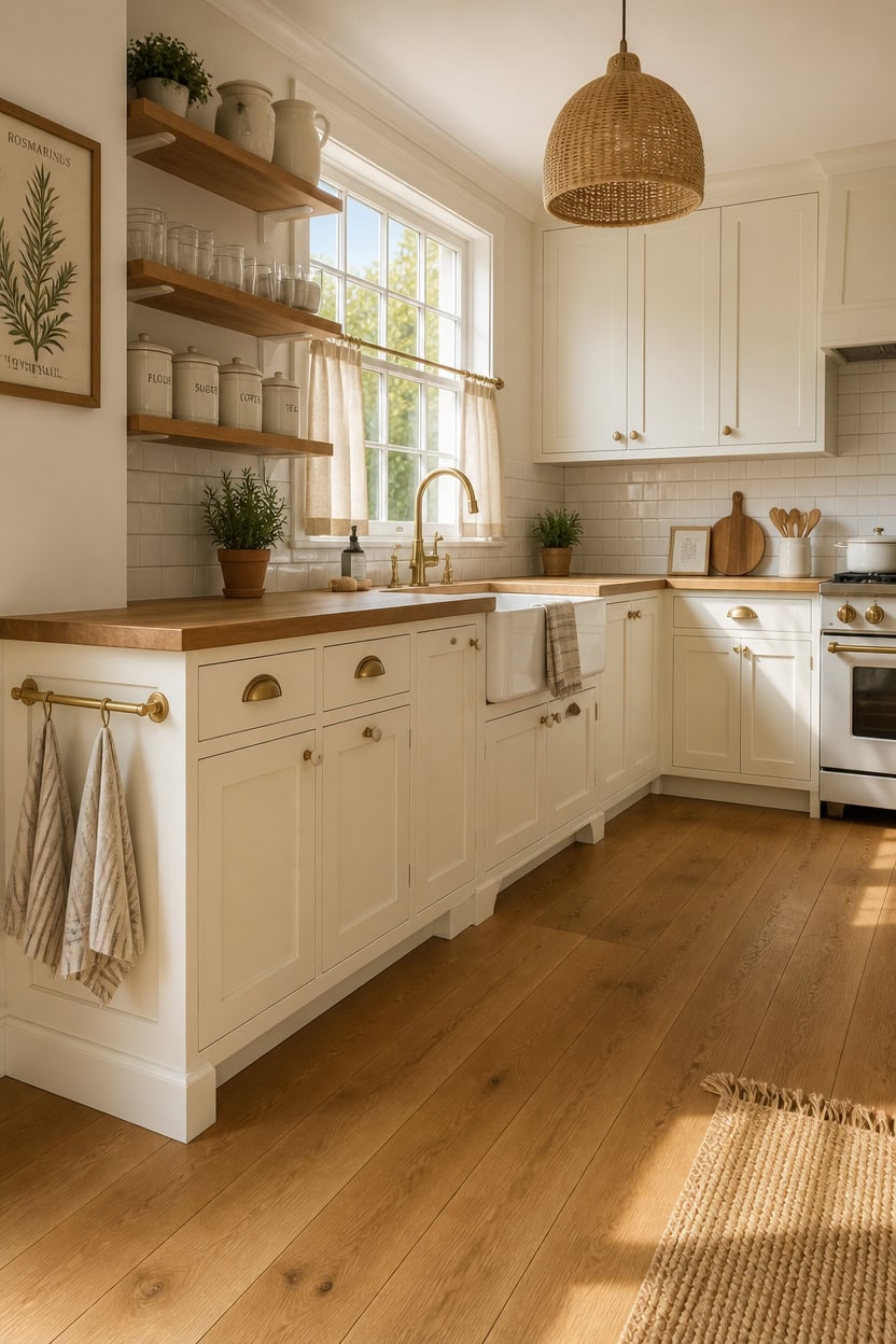 Bright kitchen with white cabinets, wooden countertops, and open shelving.