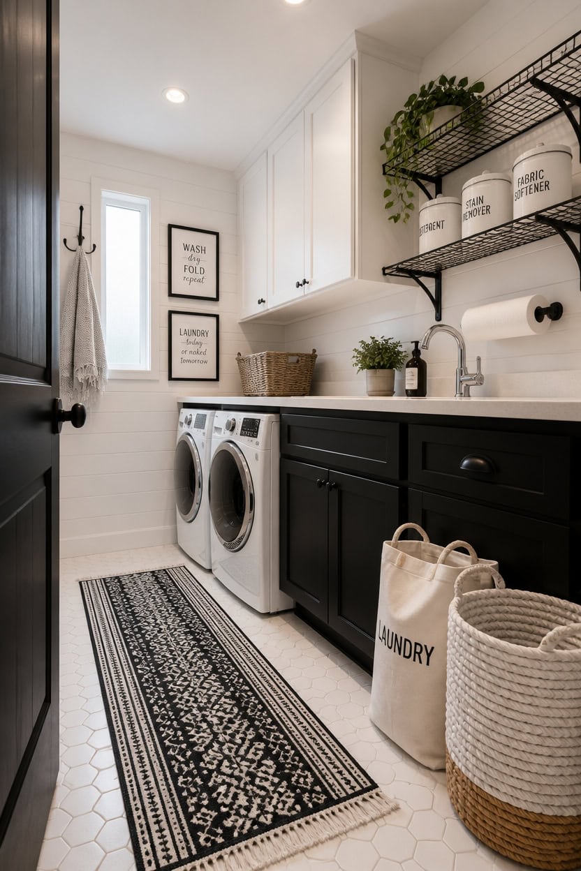 Bright laundry room with washer, black and white cabinetry, and organized storage solutions.