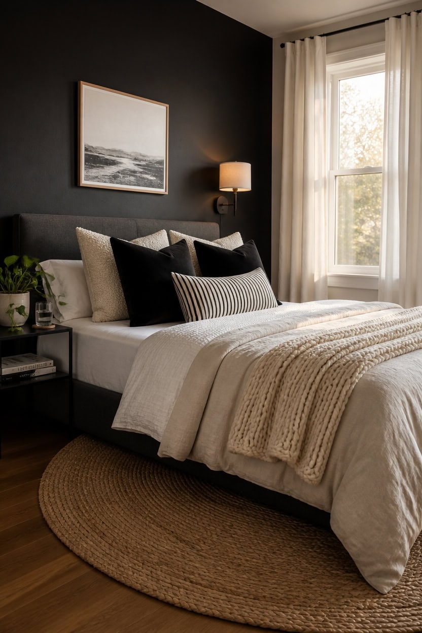 crisp layered black and white bedding