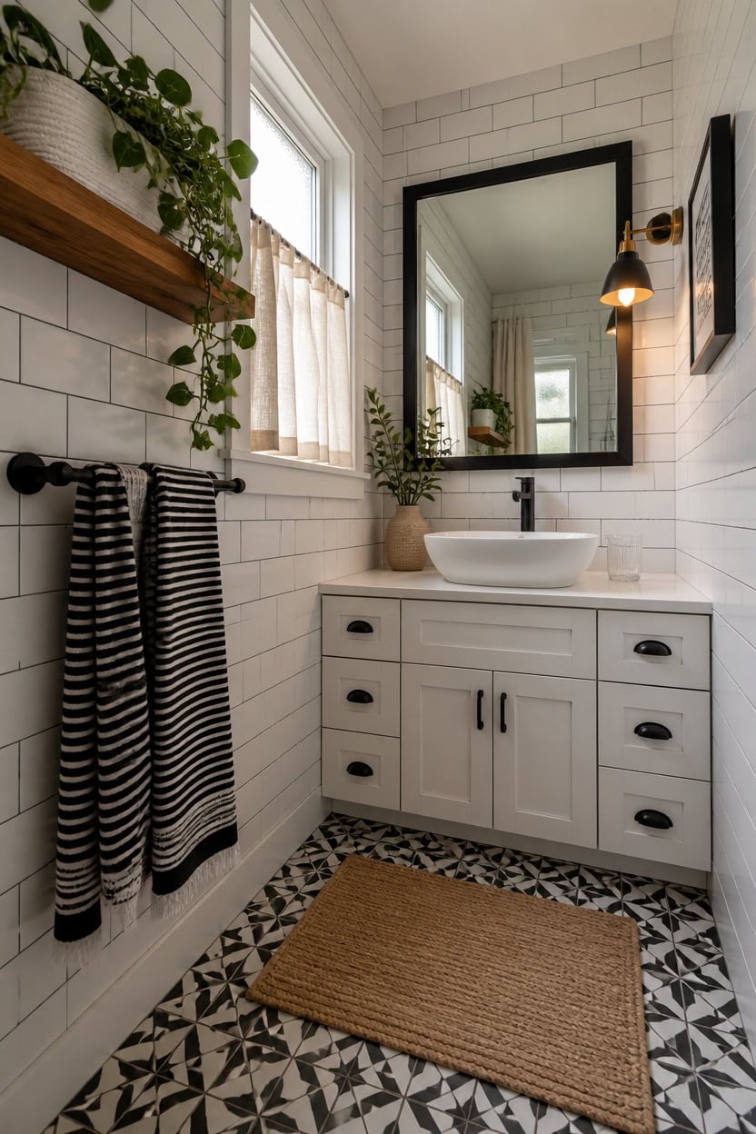 Bright modern bathroom with white subway tiles, black accents, and natural light.