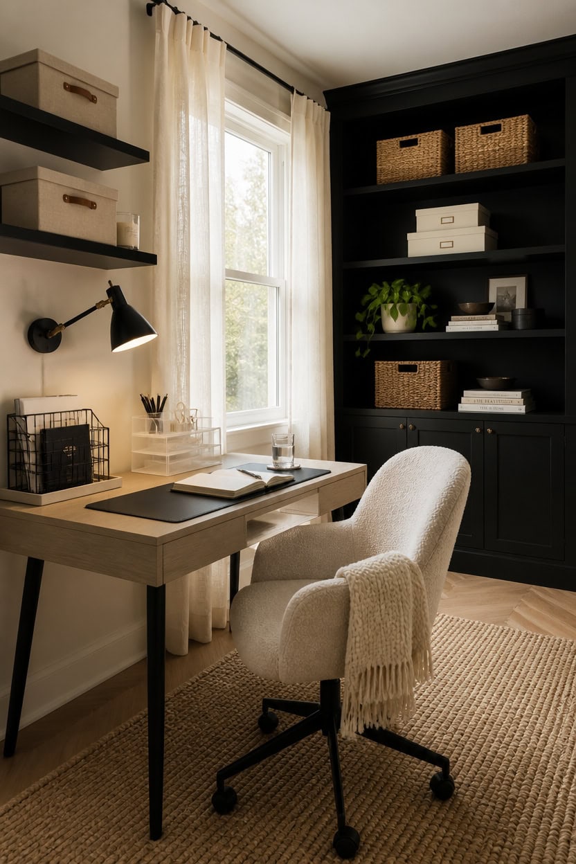 Home office workspace with desk, comfortable chair, and organized shelving.