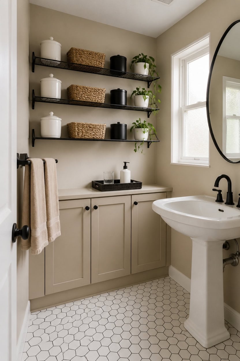 Bathroom with open shelving and a classic vanity in a modern apartment.