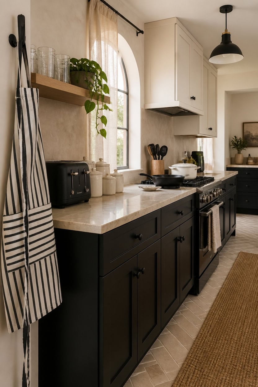 Modern kitchen with black cabinets, white walls, and natural light from arched window.