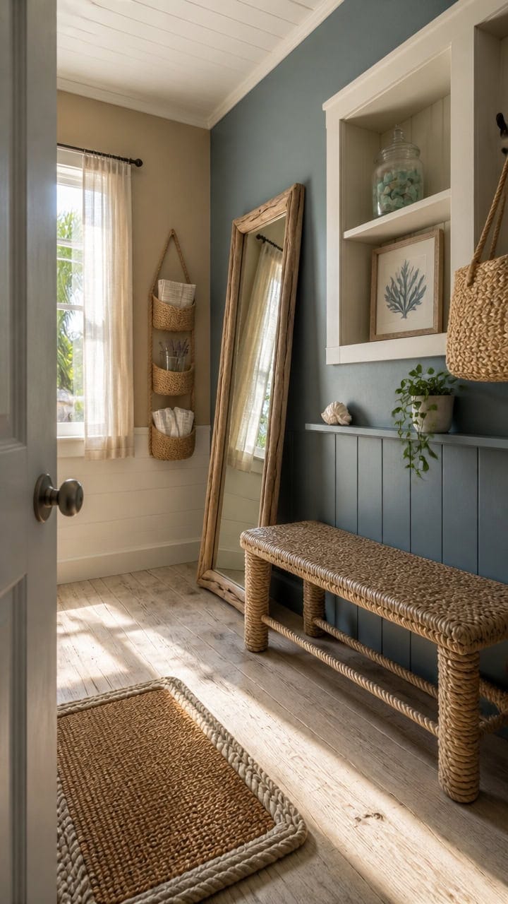 Bright and inviting apartment entryway with a large window, decorative wall shelves, and a woven bench for a welcoming atmosp.