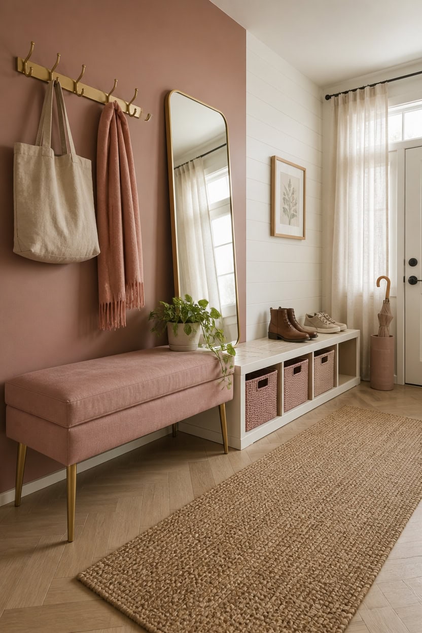 Stylish entryway with bench, mirror, and decorative accessories.