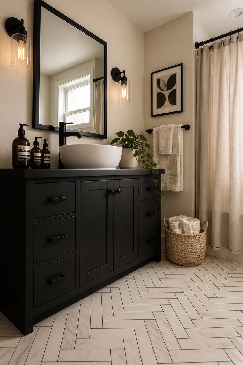 Bathroom vanity with vessel sink, mirror, and elegant decor in a contemporary space.