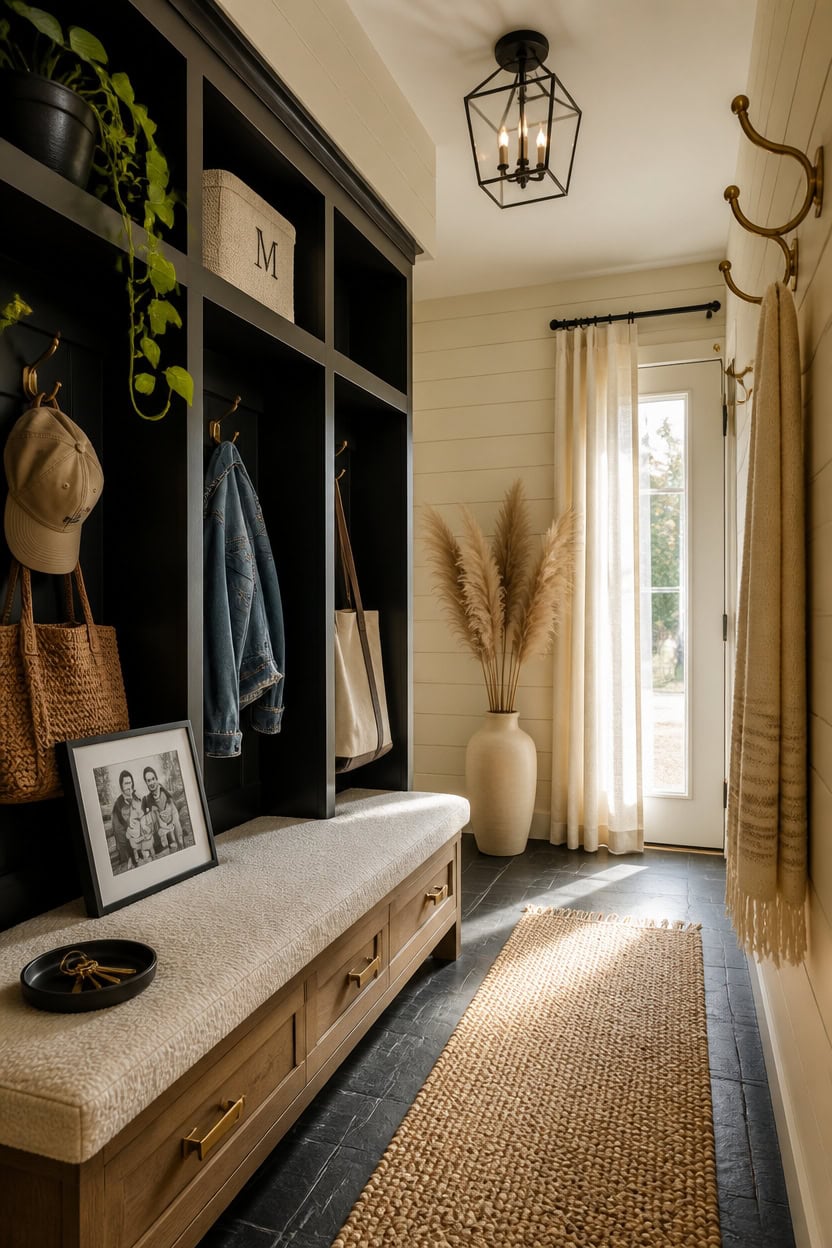 Stylish entryway with built-in storage, coat hooks, and natural light.