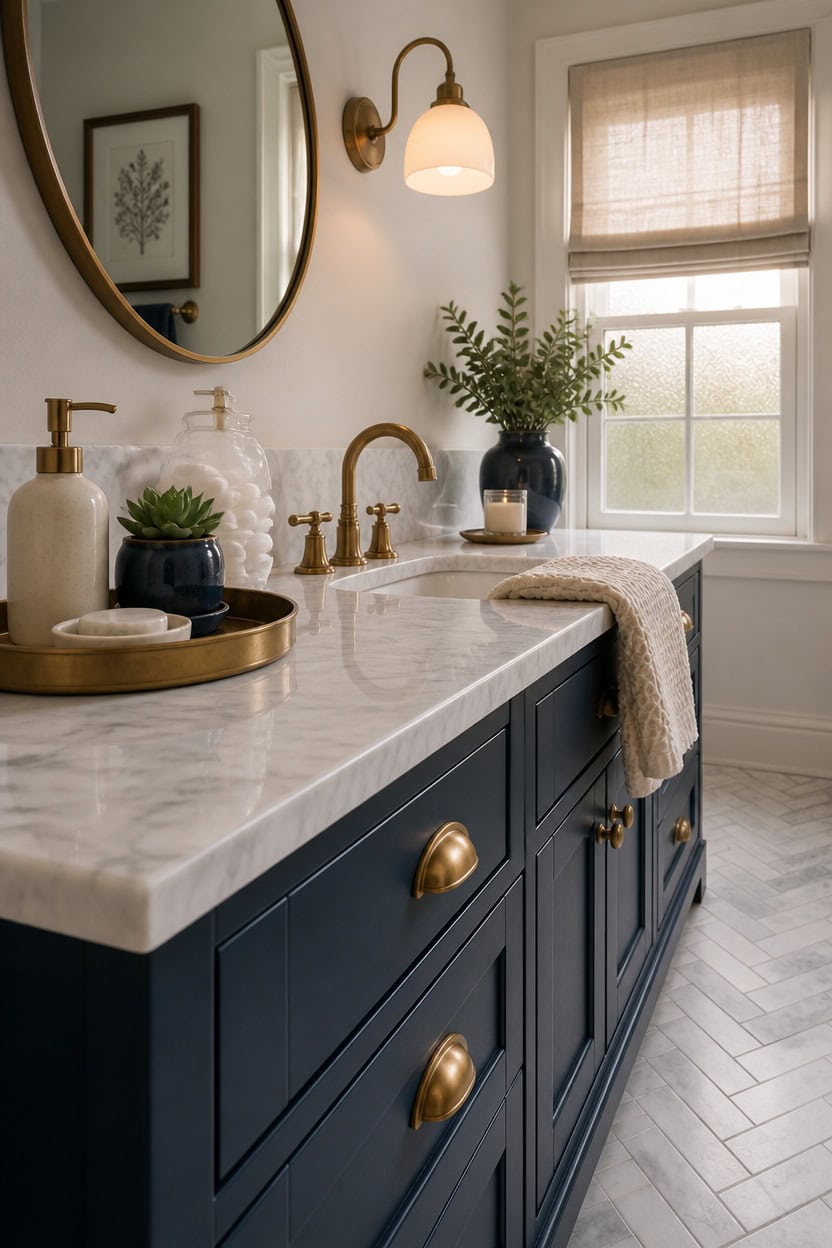 curated navy and brass countertops