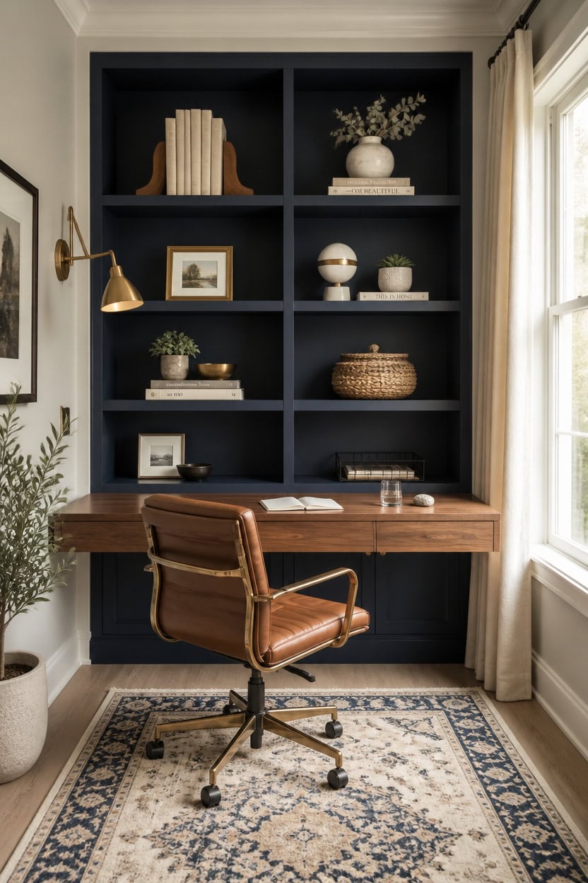 Stylish home office featuring a built-in navy bookshelf, wooden desk, and leather chair.