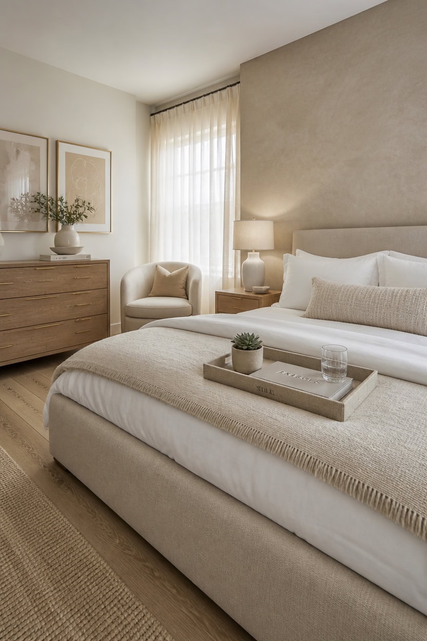 Elegant bedroom with neutral color palette, cozy furnishings, and natural light for a relaxing atmosphere.
