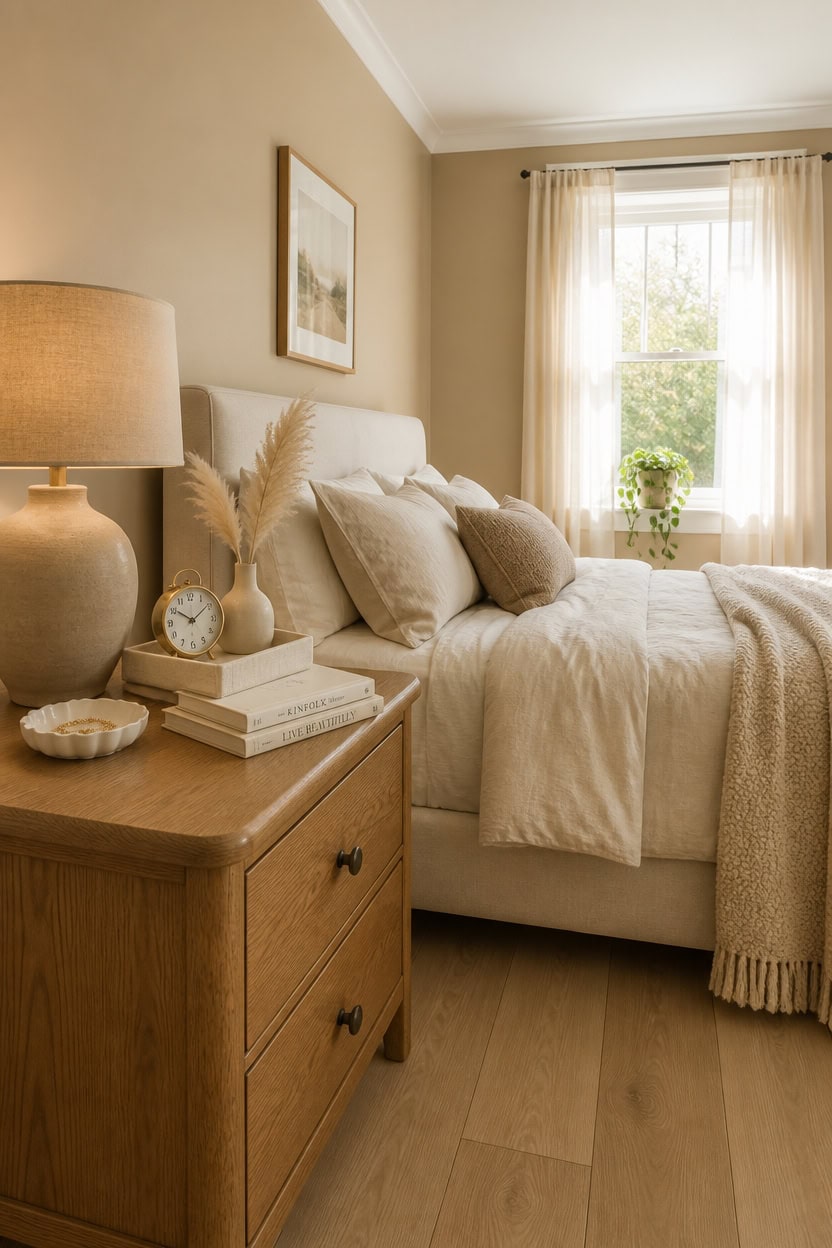 Bright and inviting bedroom with soft neutral tones, plush bedding, and a large window letting in natural sunlight.