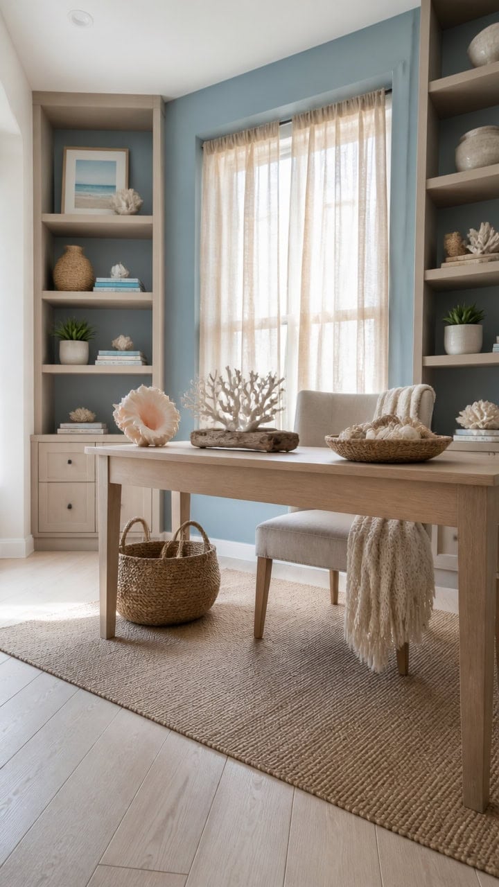 Bright coastal-inspired living room with beige curtains, white shelves, and decorative shells and plants.