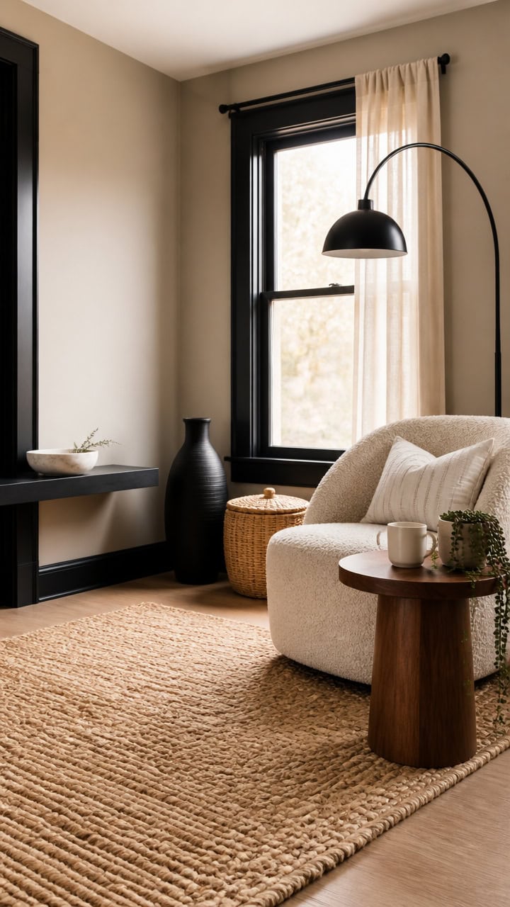 Cozy living room featuring a large window with beige curtains, a white armchair, a wooden side table.
