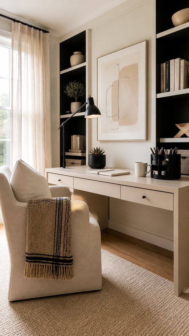 Modern home office with built-in shelves, artwork, and a cozy armchair, ideal for productive work in.
