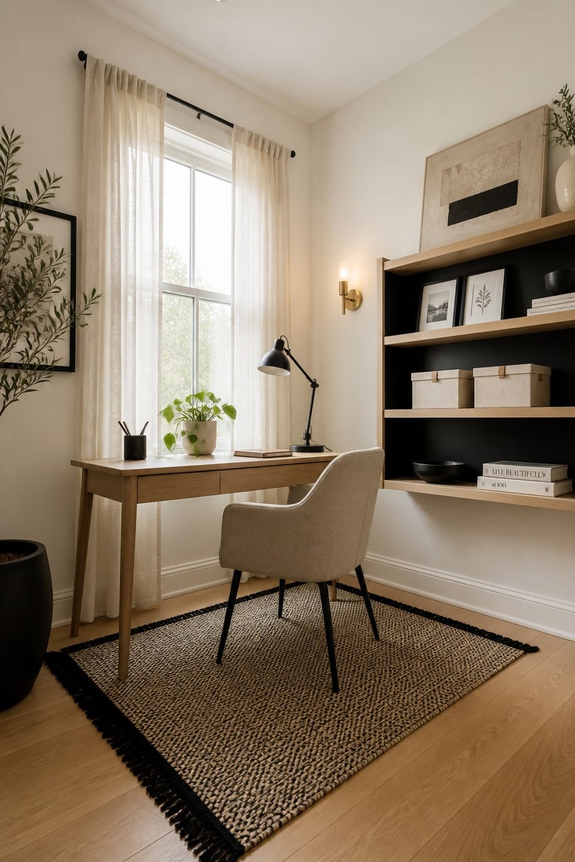 Bright home office with a desk, chair, and bookshelf near a large window with sheer curtains.