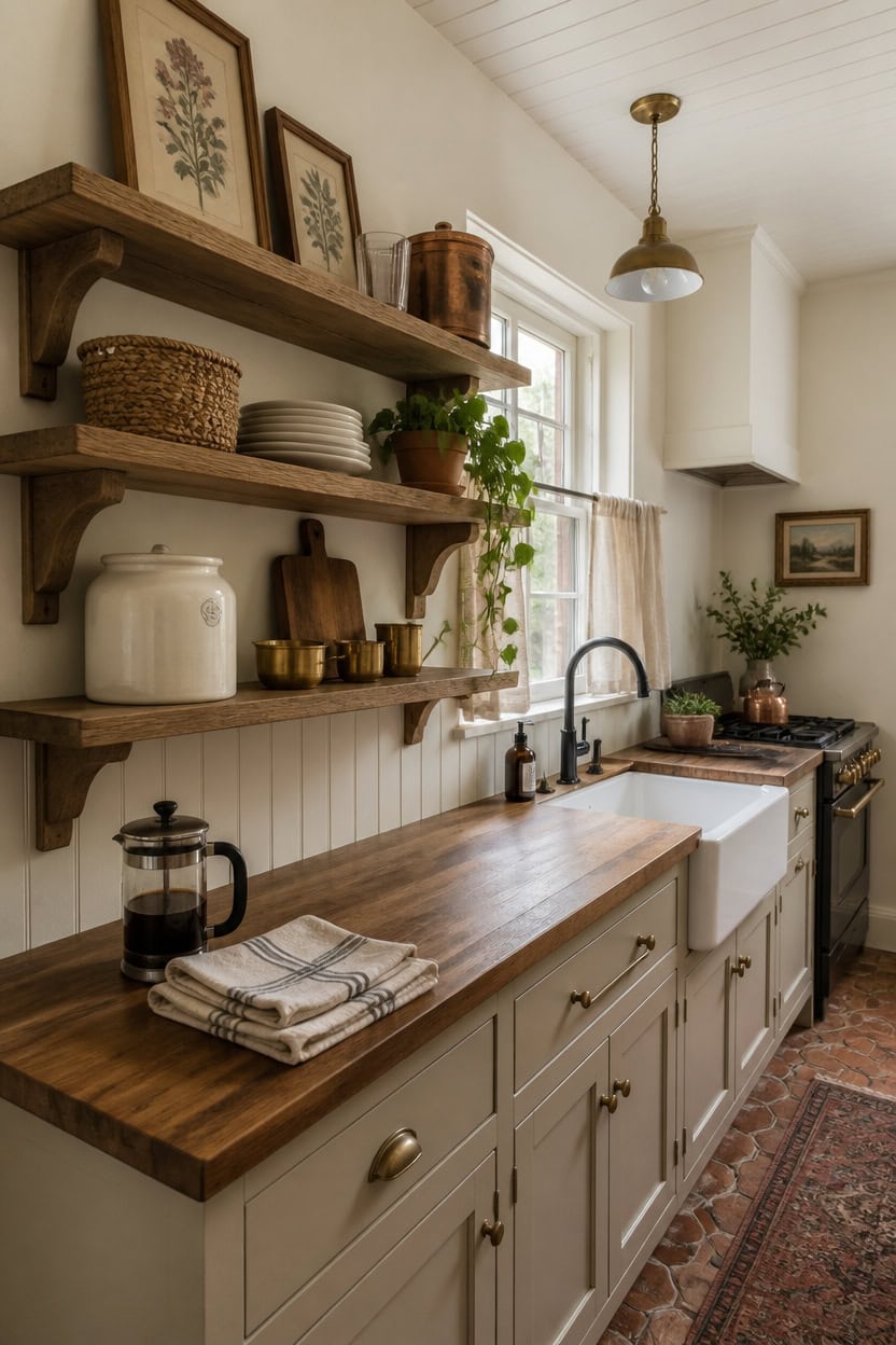 Cozy kitchen featuring wooden shelves, vintage decor, and a farmhouse sink, perfect for a charming a.