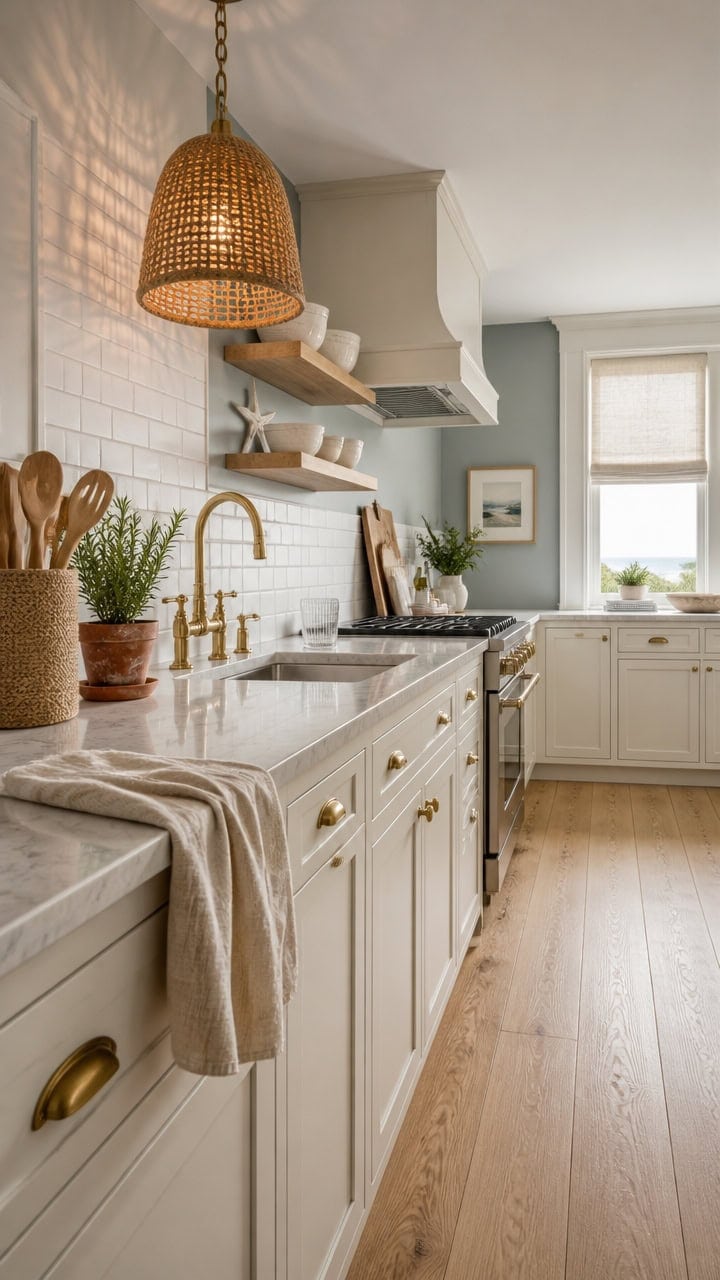Bright and airy kitchen featuring white cabinetry, wooden accents, and ample natural light. Perfect for apartment living and.