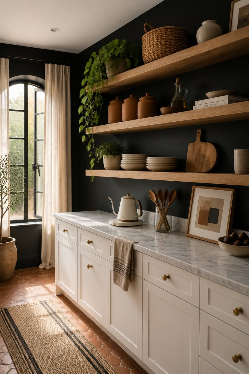 Bright kitchen with open wooden shelves, white cabinetry, and natural sunlight streaming through a w.