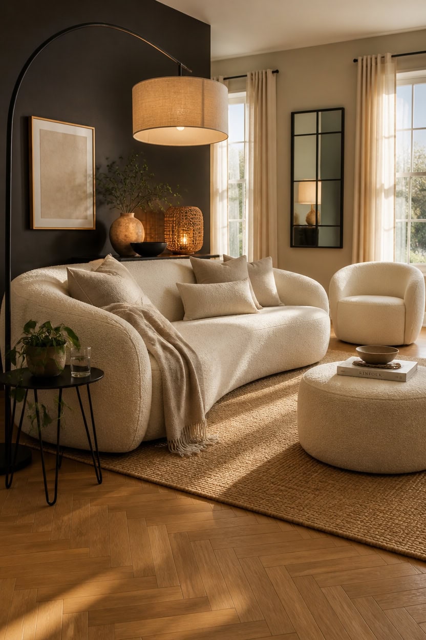 Modern cozy living room with beige sofa, armchair, and warm lighting, featuring large windows with c.
