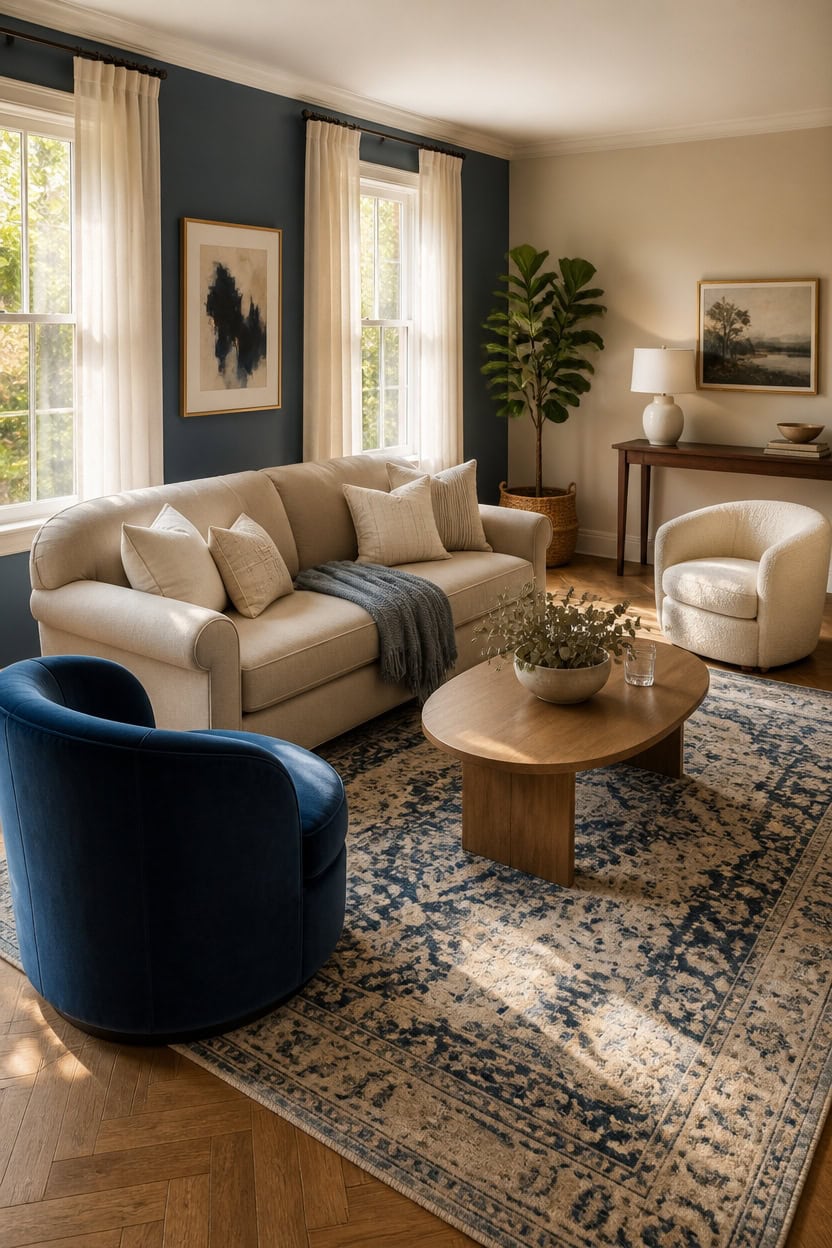 Bright and inviting living room with comfortable sofa, armchair, and stylish artwork. Perfect for re.