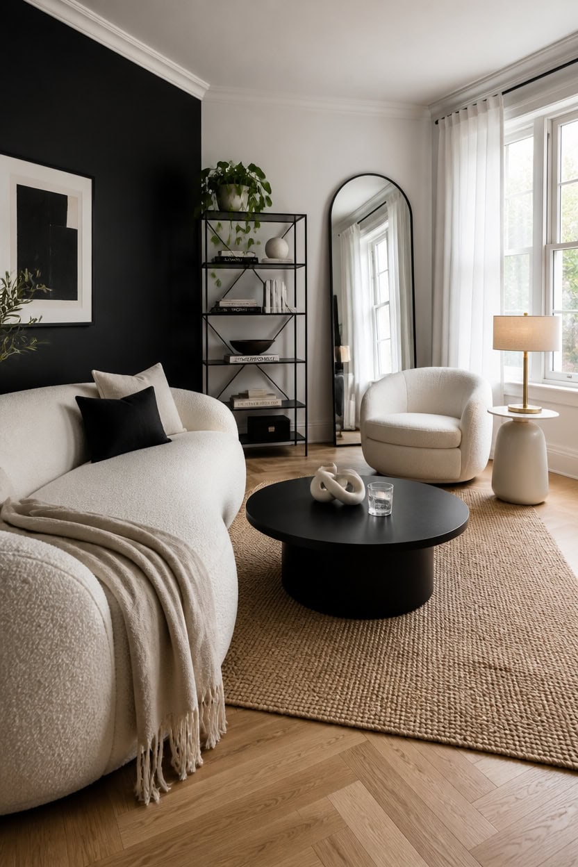 Living room with white sofa, black accent wall, and natural light at Apartment ABC.