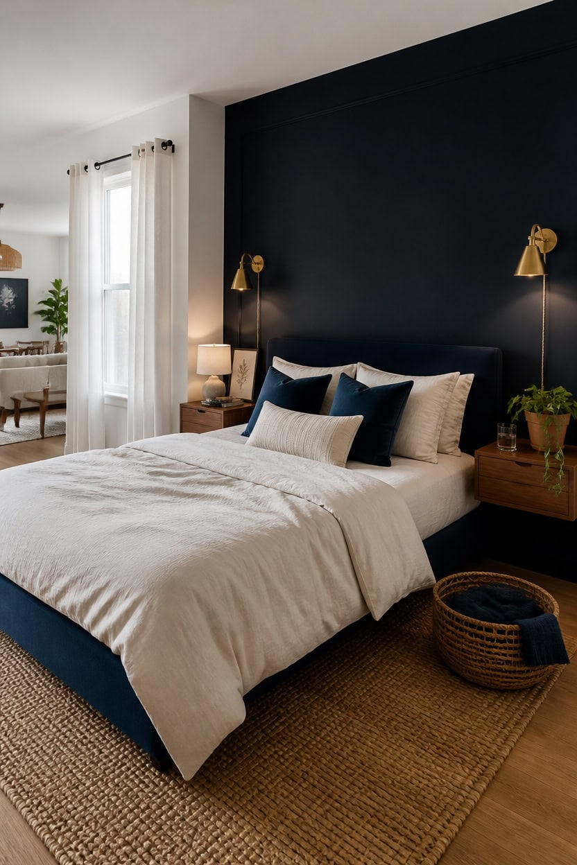 Bright bedroom featuring a navy accent wall, white bedding, and stylish gold wall sconces. Includes.
