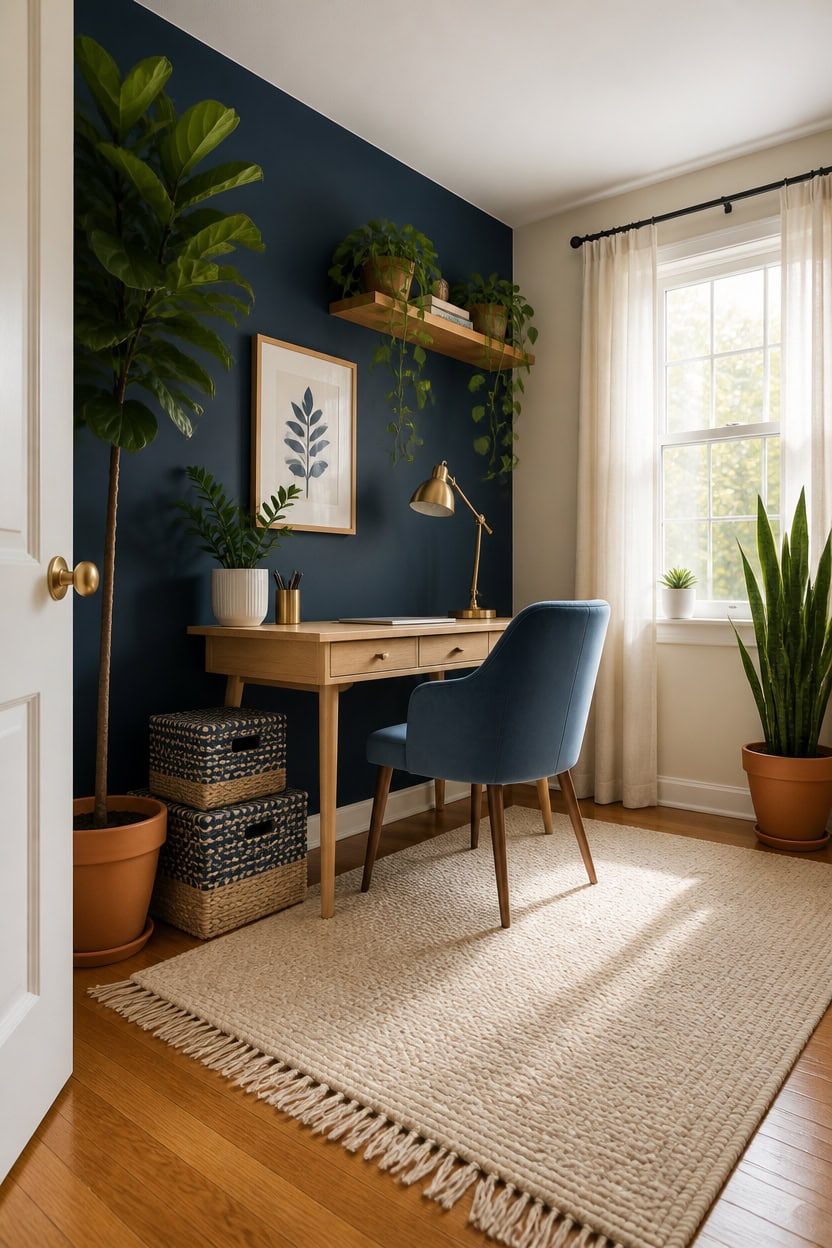 Bright home office with blue accent wall, wooden desk, and lush indoor plants.
