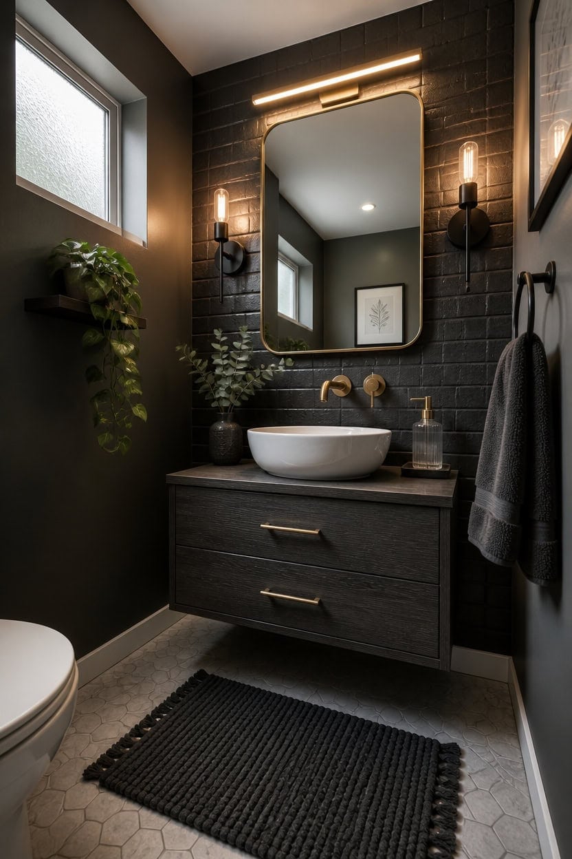Stylish black bathroom featuring a modern vanity, round vessel sink, large mirror, and contemporary lighting fixtures.