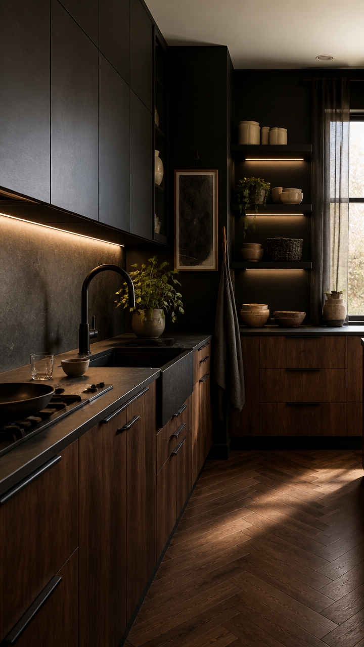 dark kitchen intentional mixed shelving