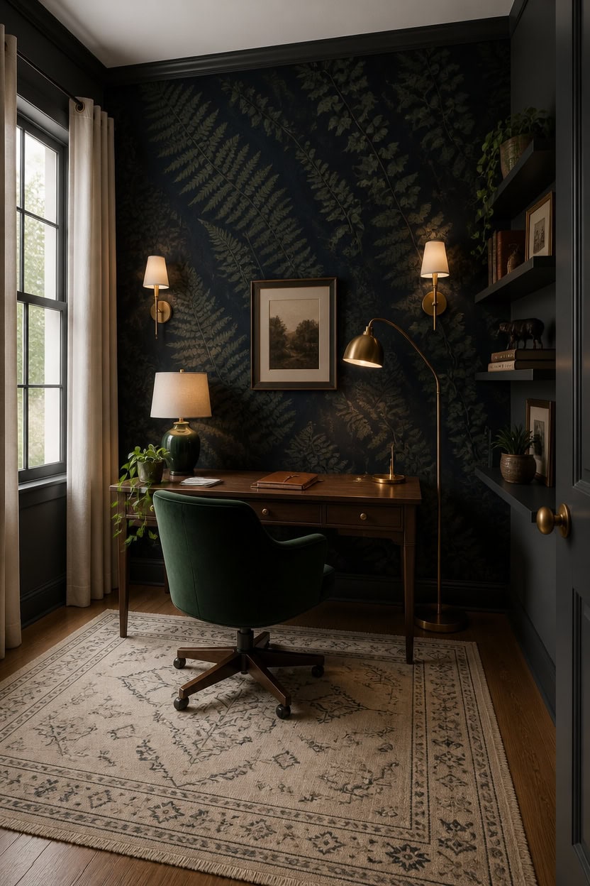 dark moody botanical workspace