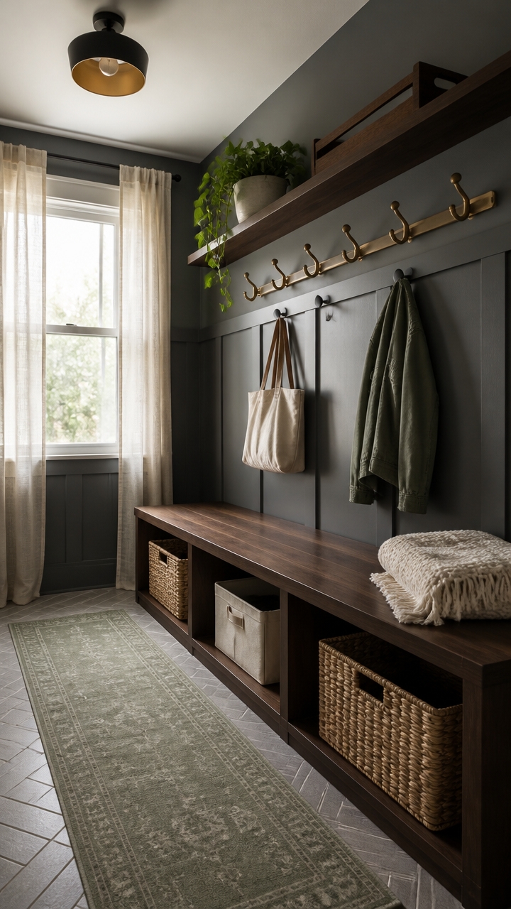 dark walnut mudroom bench