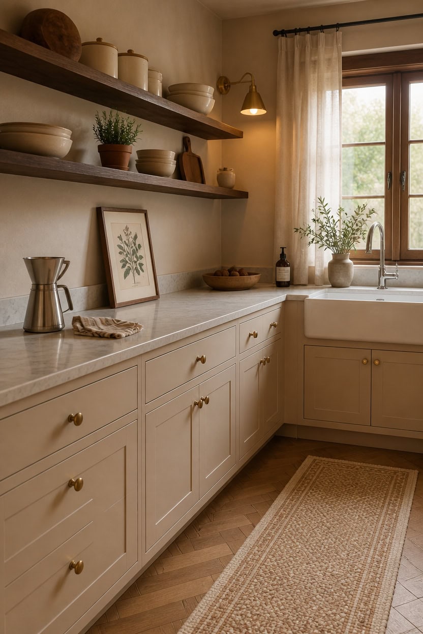 Bright kitchen with white cabinetry and open shelving.