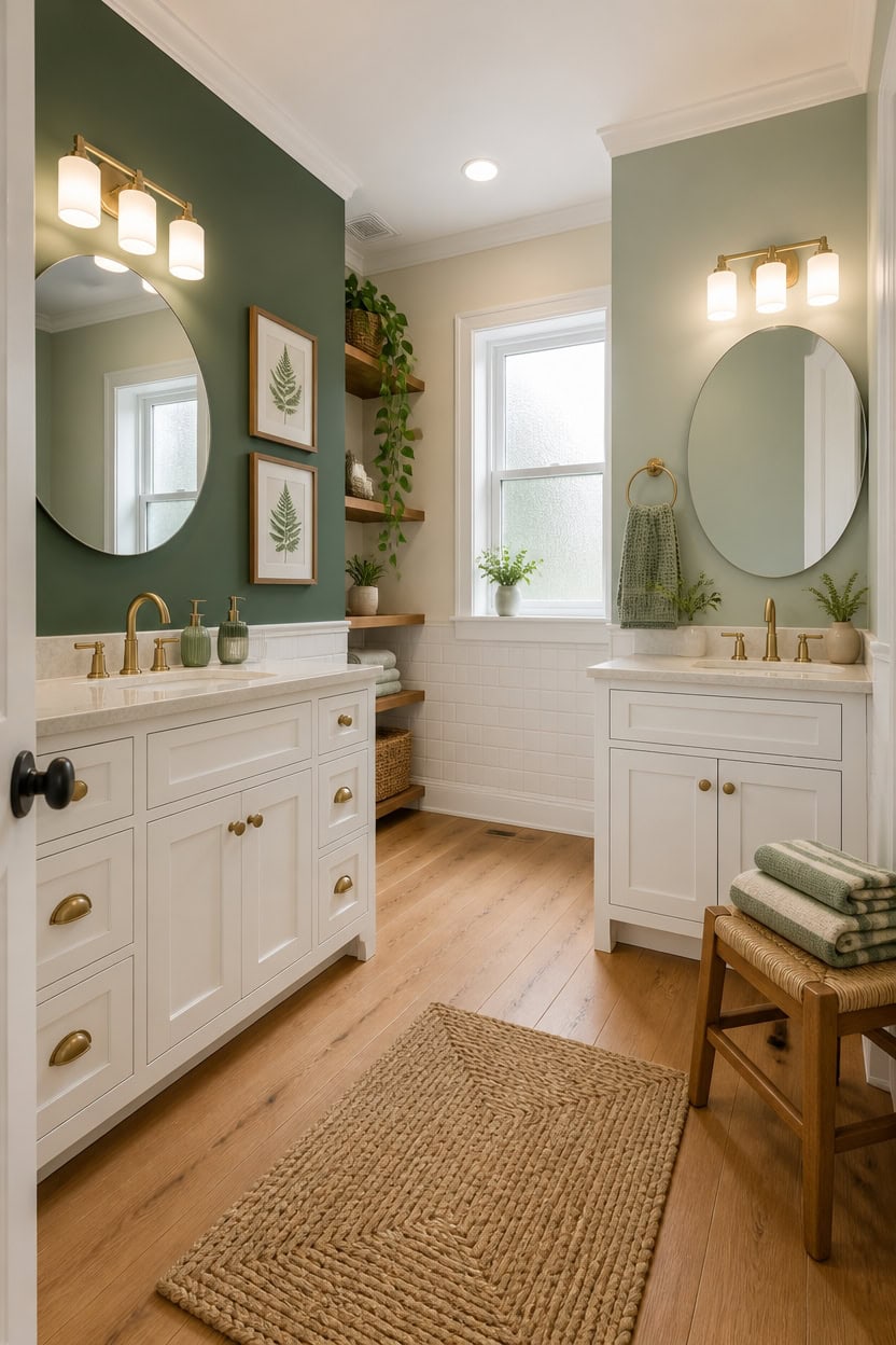 Bright bathroom featuring dual vanities, large mirrors, and natural light from a window. Elegant dec.