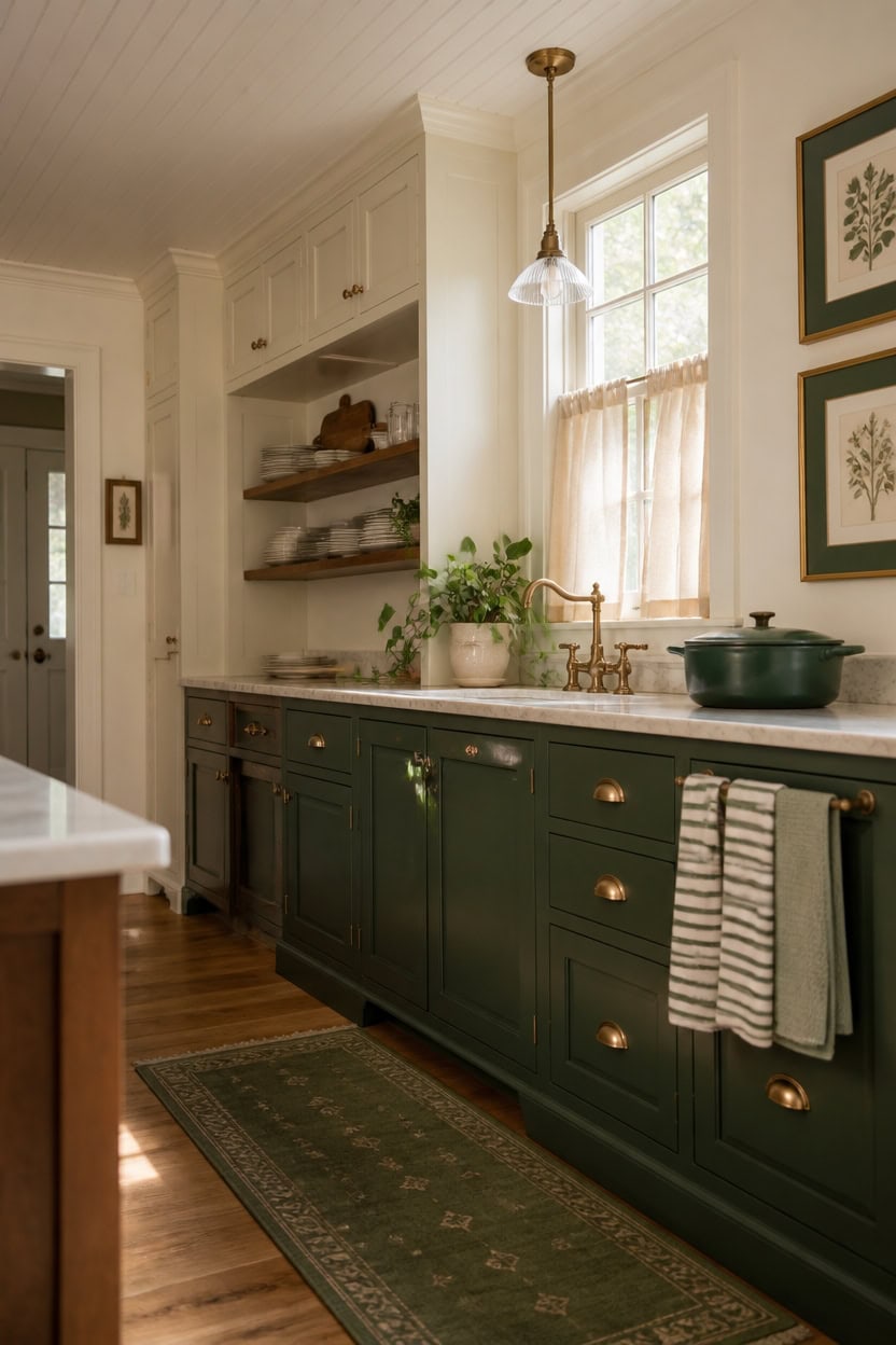 Bright vintage kitchen with green cabinetry and open shelves.